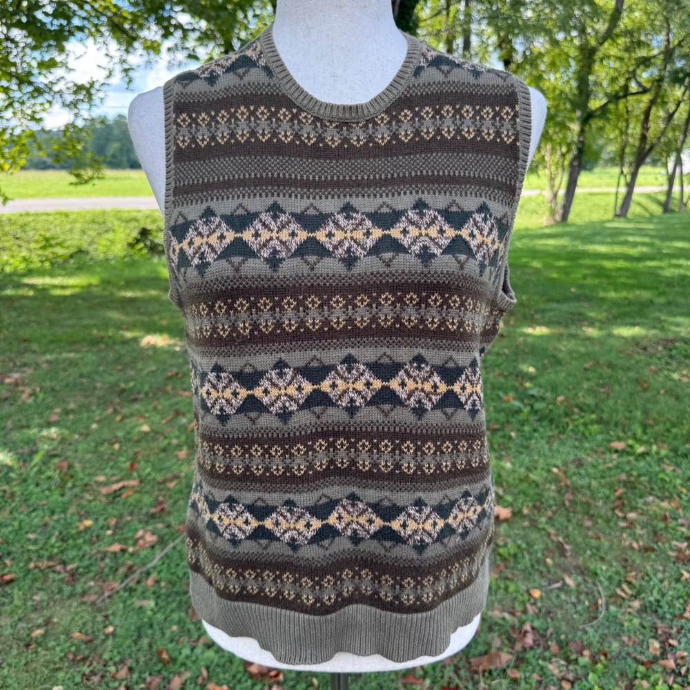 Jones New York Country 90s Fair Isle Sweater Vest Cotton Green Brown Mens Large